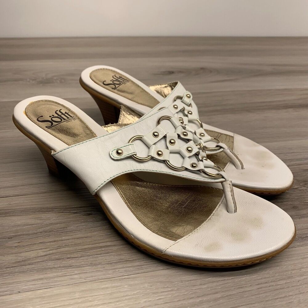 SOFFT White Patent Leather Sandal Slides Ring Accent Block Heels Women's Sz 8 M
